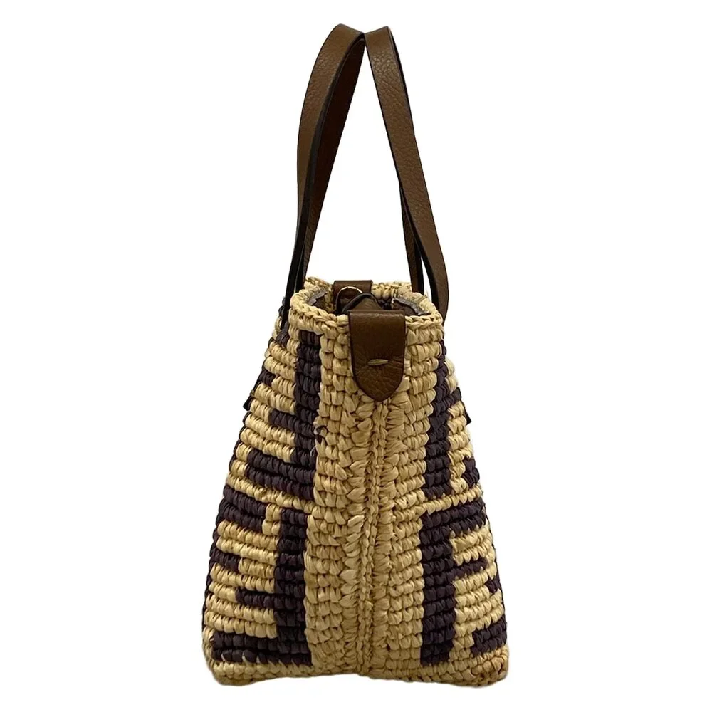 Fendi Roll Mini, Zucca Pattern Handbag 8BS096 Beige Dark Brown Straw Leather